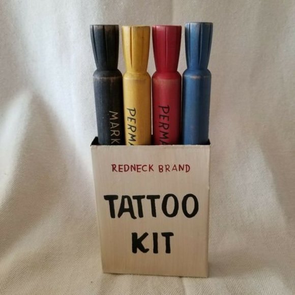 Other - Novelty Wood Redneck Brand Tattoo Kit Black Yellow Red Blue Metal Tin Home Decor